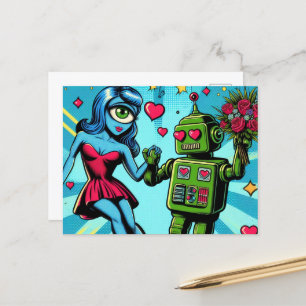 Carte Postale Femme Alien bleue et robot vert