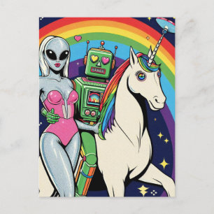 Carte Postale Femme Alien et robot vert amoureux de la licorne