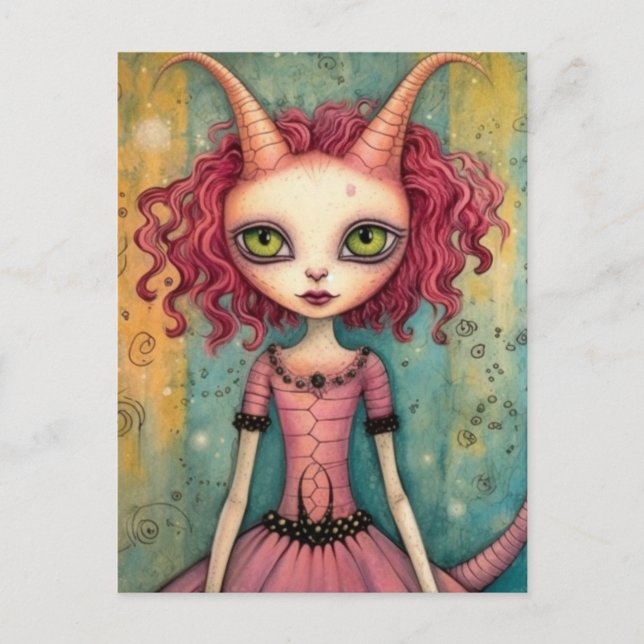 Carte Postale Femme alien rose fantaisie en techniques mixtes (Devant)