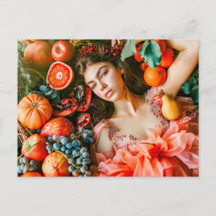 Carte Postale Femme allongée parmi les fruits et les pétales