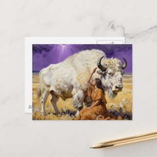 Carte Postale Femme amérindienne et un bison blanc sacré