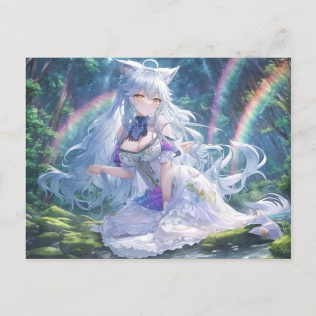 Carte postale Femme Anime Loup Blanc | Imaginaire  (Devant)