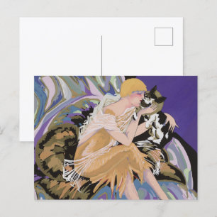 Carte Postale Femme Art Déco Vintage avec Chat par S. Chompre