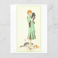 Femme Art Déco vintage avec trois chats