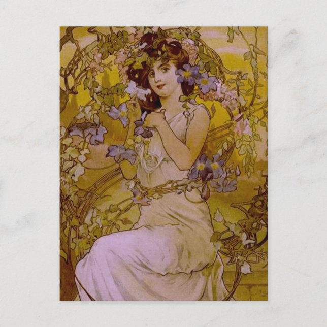 Carte Postale Femme Art nouveau avec Clematis (Devant)