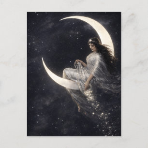 Carte Postale Femme Art Nouveau Céleste sur Croissant de Lune