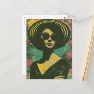 Carte Postale Femme au chapeau de soleil rayé, mode et plaisir e