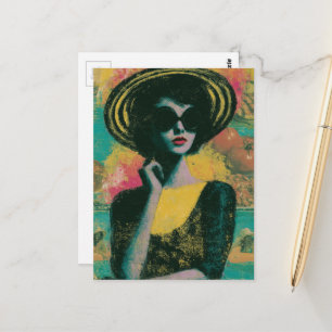 Carte Postale Femme au chapeau de soleil rayé, plaisir d'été