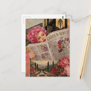 Carte Postale Femme aux cheveux roses lit un journal de jardin m