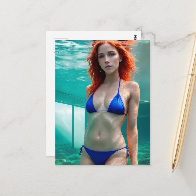 Carte Postale Femme aux cheveux rouges dans un bikini bleu (Devant/Arrière en situation)