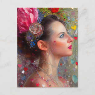 Carte postale Femme aux fleurs et aux coeurs