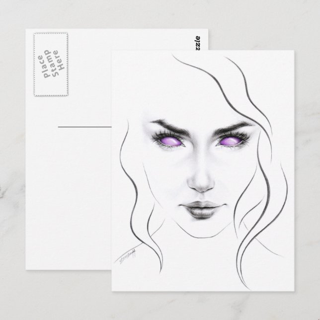 Carte Postale Femme aux yeux violets étranges Art de ligne minim (Devant / Derrière)