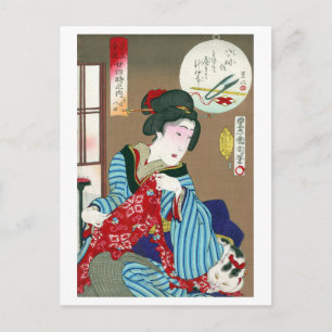 Carte Postale Femme avec chat, Toyohara Kunichika, Ukiyo-e