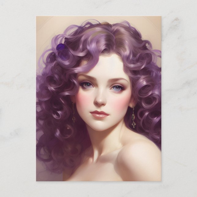 Carte postale Femme avec cheveux pourpres bouclés (Devant)