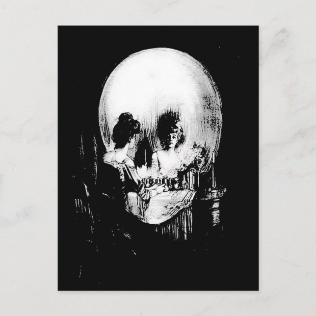 Carte Postale Femme avec Halloween Réflexion crâne en miroir (Devant)