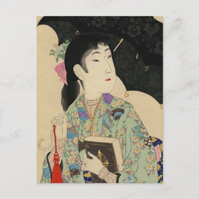Carte Postale Femme avec parapluie et livre à l'occidentale (Devant)