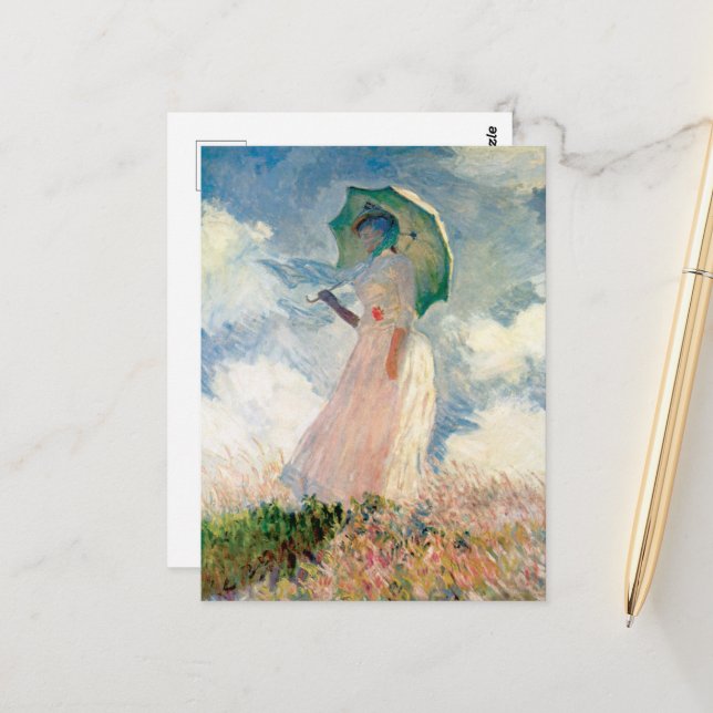 Carte Postale Femme avec Parasol Claude Monet Art Vintage (Devant/Arrière en situation)