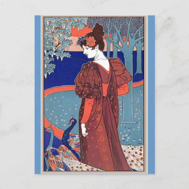 Carte Postale Femme avec Peacocks par : Louis John Rhead (Devant)