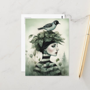 Carte Postale Femme avec un oiseau sur la tête