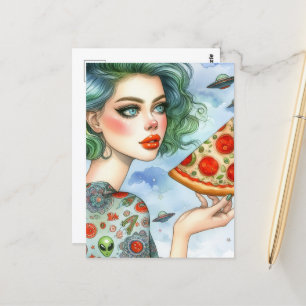 Carte Postale Femme avec une grande tranche de pizza et ovnis