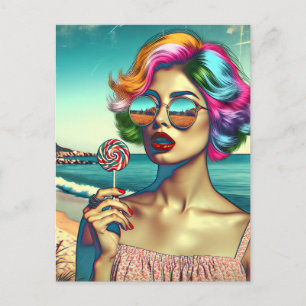 Carte Postale Femme Belle de l'Art Pop Rétro avec Sucette