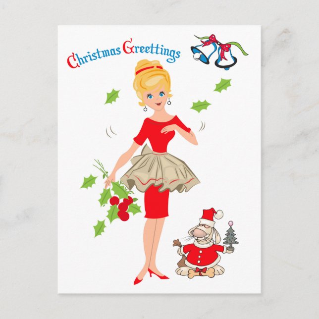 Carte Postale Femme blonde en robe rouge et Chien Père Noël, vac (Devant)