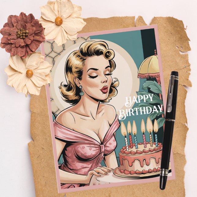 Carte Postale Femme blonde rétro vintage des années 50 & gâteau  (Créateur téléchargé)