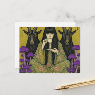 Carte Postale Femme boit du thé avec deux chèvres noires