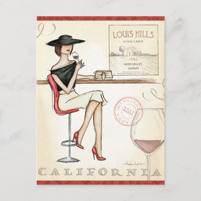 Carte Postale Femme branchée Boire du vin (Devant)