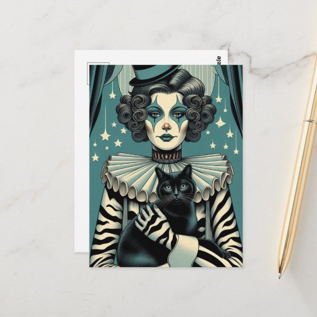 Carte Postale Femme clown de cirque et chat noir (Devant/Arrière en situation)