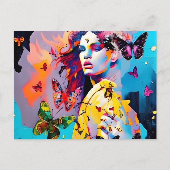 Carte Postale Femme colorée et papillons (Devant)