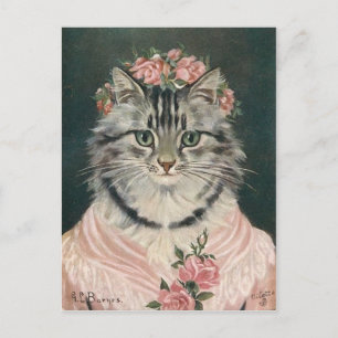 Carte Postale Femme couronne roses chat