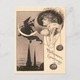 Carte Postale Femme Croissant de sorcière Lune Jack O' Lantern