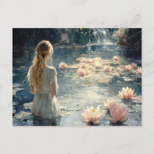 Carte Postale Femme dans un étang serein qui fleurit de l'eau