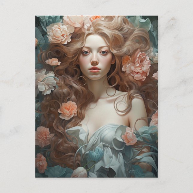 Carte Postale Femme dans un lit de fleurs (Devant)