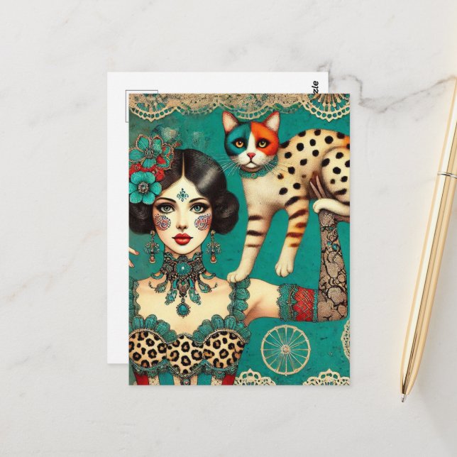 Carte Postale Femme de cirque et chat (Devant/Arrière en situation)