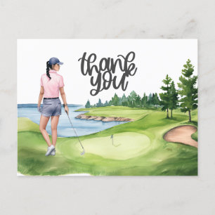Carte Postale Femme de golf dans l'aquarelle du terrain de golf