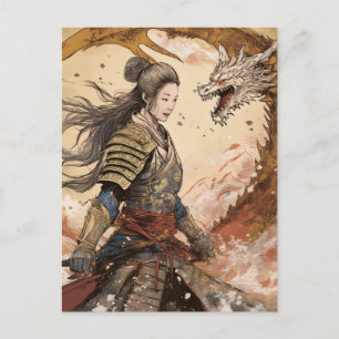 Carte Postale Femme de l'IA samouraï et dragon