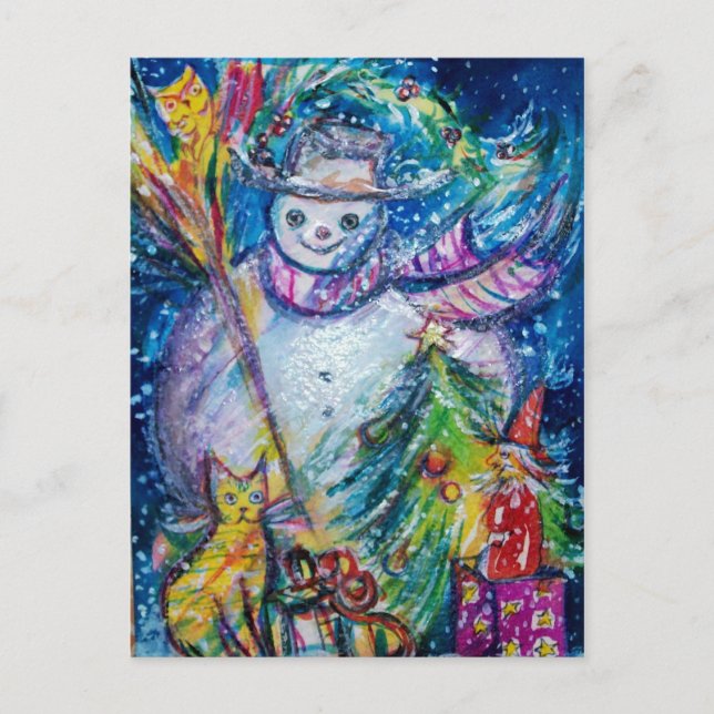 Carte Postale FEMME DE NEIGE AVEC JOUETS, bleu blanc jaune (Devant)