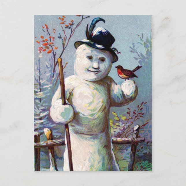 Carte Postale Femme de neige et oiseaux dans le jardin d'hiver (Devant)