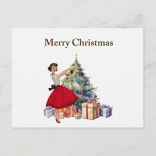 Carte Postale Femme de Noël 1950 avec sapin de Noël