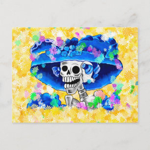 Carte Postale Femme de squelette en Bonnet Bleu sur Jaune