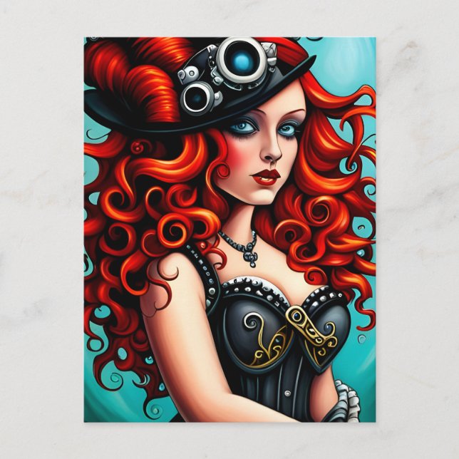 Carte Postale Femme de Steampunk à la tête rouge (Devant)
