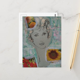 Carte Postale Femme des années 1950 et fleurs Coiffure rétro Col