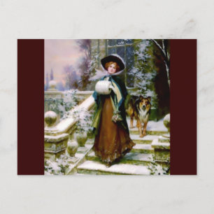 Carte Postale Femme d'hiver Collie Chien Victorian Main Muff