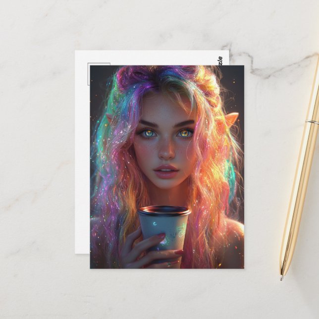 Carte Postale Femme elfe au café (Devant/Arrière en situation)