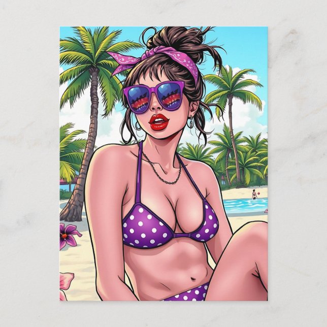 Carte Postale Femme en Bikini et Bandanna à la plage (Devant)