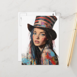 Carte Postale Femme en chapeau haut-de-forme Collage de médias m