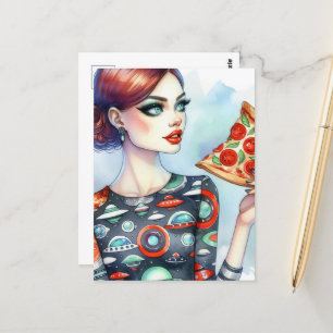 Carte Postale Femme en chemise OVNI avec une grosse part de pizz