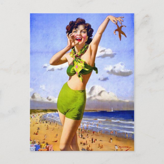 Carte Postale Femme en maillot de bain à la plage (Devant)